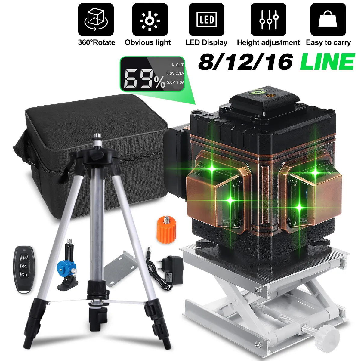 

Laser levels 16/12/8 Lines Green Light Horizontal&Vertical Cross 4D/3D Measure Tool 360 Self-Leveling Laser Levels With Tripod