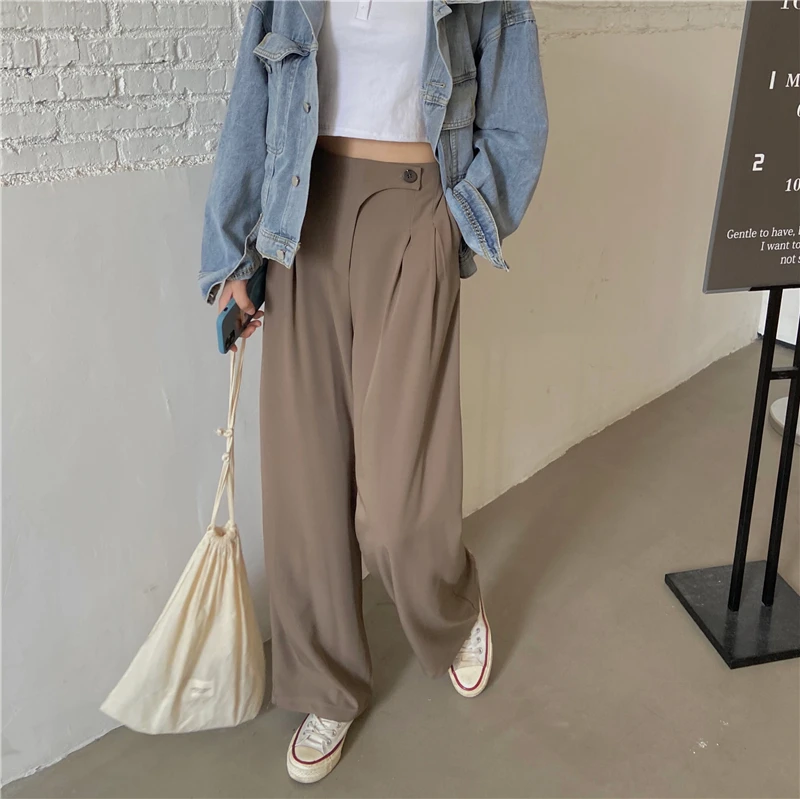 

Autumn Winter Women Minimlist Wide Leg Pants Plus Size High Waist Office Ladies Korean Style Loose Zipper Pocket Long Trousers