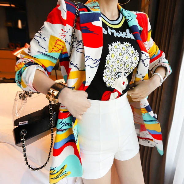 2019 Autumn Korea Thin Blazer Women Long Sleeve Notched Printing Flower multicolor V Neck Pocket Floral Jacket Coat | Женская одежда
