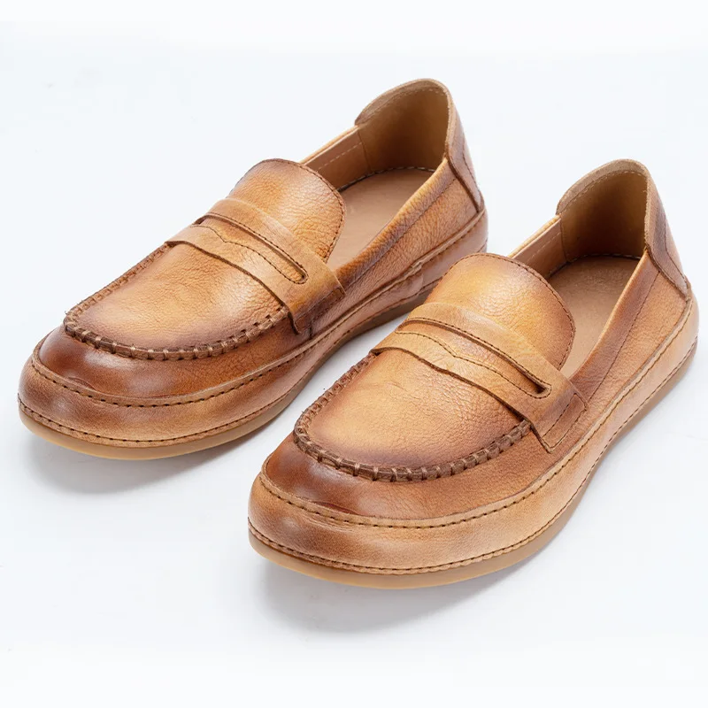 Лоферы ZFTL мужские и женские масляная кожа бычья круглый носок винтажные