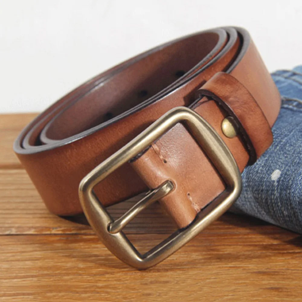 

HIDUP Top Quality Solid Cowhide Leather Belt Retro Casual Styles Brass Pin Buckle Metal Belts for Men Jeans Accessories NWJ939
