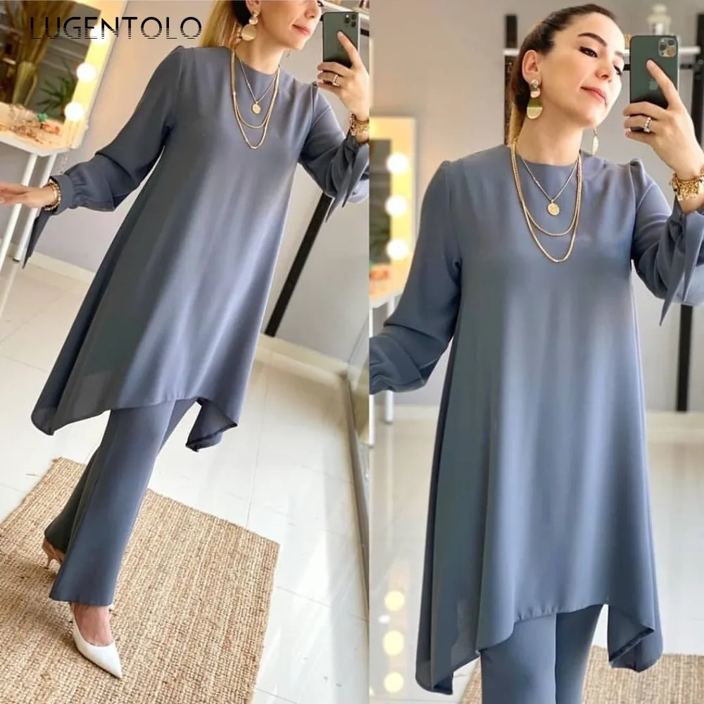 

Lugentolo Islamic Clothing Women 2 Piece Set Muslim Fashion Pullover Long Sleeve O-Neck Sashes Long Tops Office Lady Womens Set
