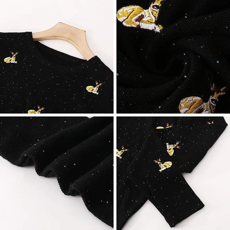 

Embroidery Cartoon Deer Black Sweater Women Autumn Knitted Fashion High Quality Jumpers Casual Oversized Pullover Loose Tops