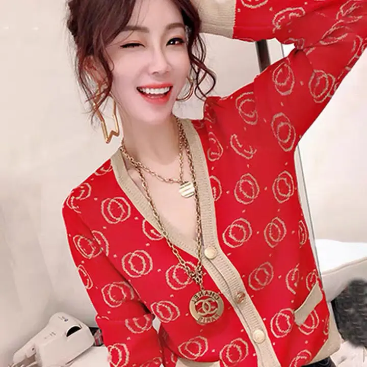 

2021 spring new knitted cardigan women's fashion contrast loose casual single-breasted sweater coat