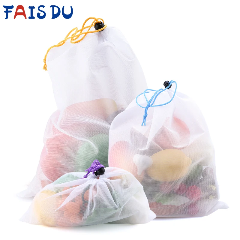 Многоразовые сетчатые продуктовые мешки для овощей фруктов 3/9/15 шт. цветная лента