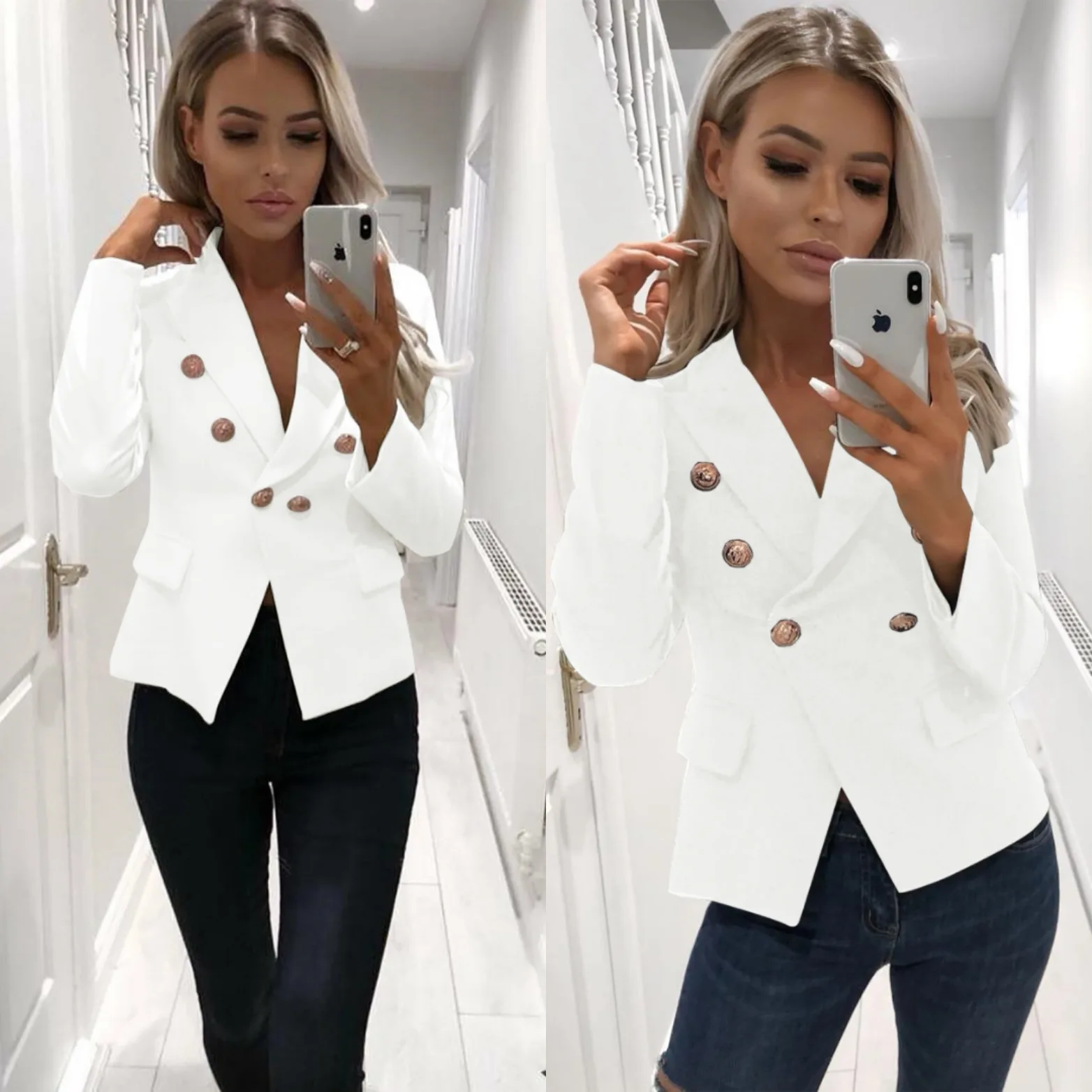 

Women Jacket 2019 Blue Slim Fit Long Sleeve Single Button Coat Slim Office Lady Jacket Female Tops Feminino