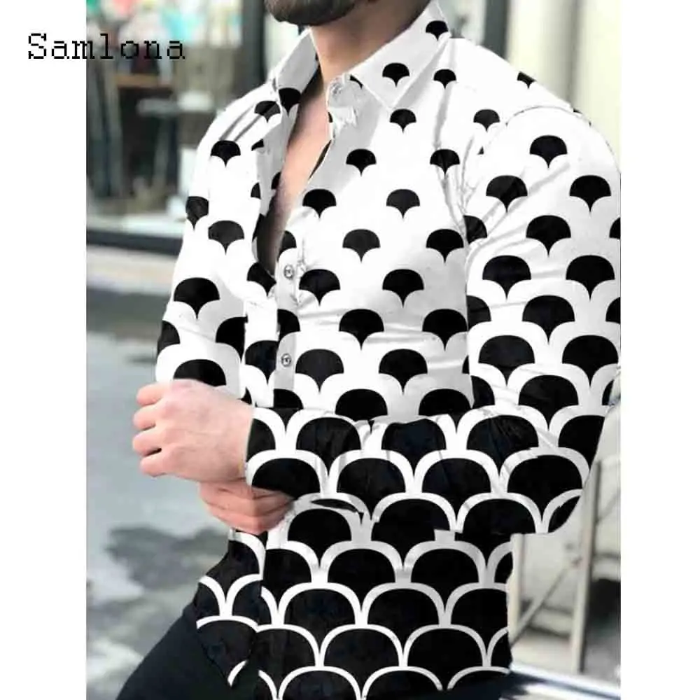 Samlona Plus Size Men Shirt blusas Sexy Mens clothing Fashion umbrella Print Men's Blouse 2021 Single-breasted Tops Streetwear