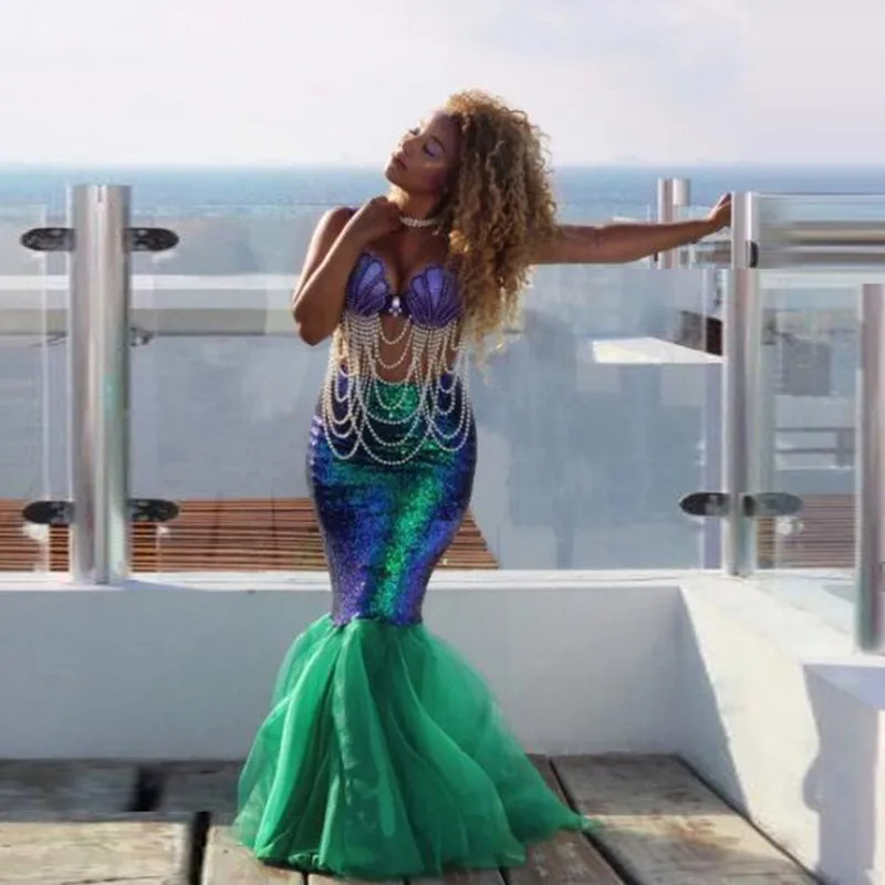 Зеленые блестящие длинные юбки-русалки с блестками для вечеринки модные женские