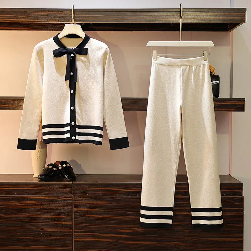 Женский костюм в полоску трикотажный кардиган брюки спортивный галстук-бабочка