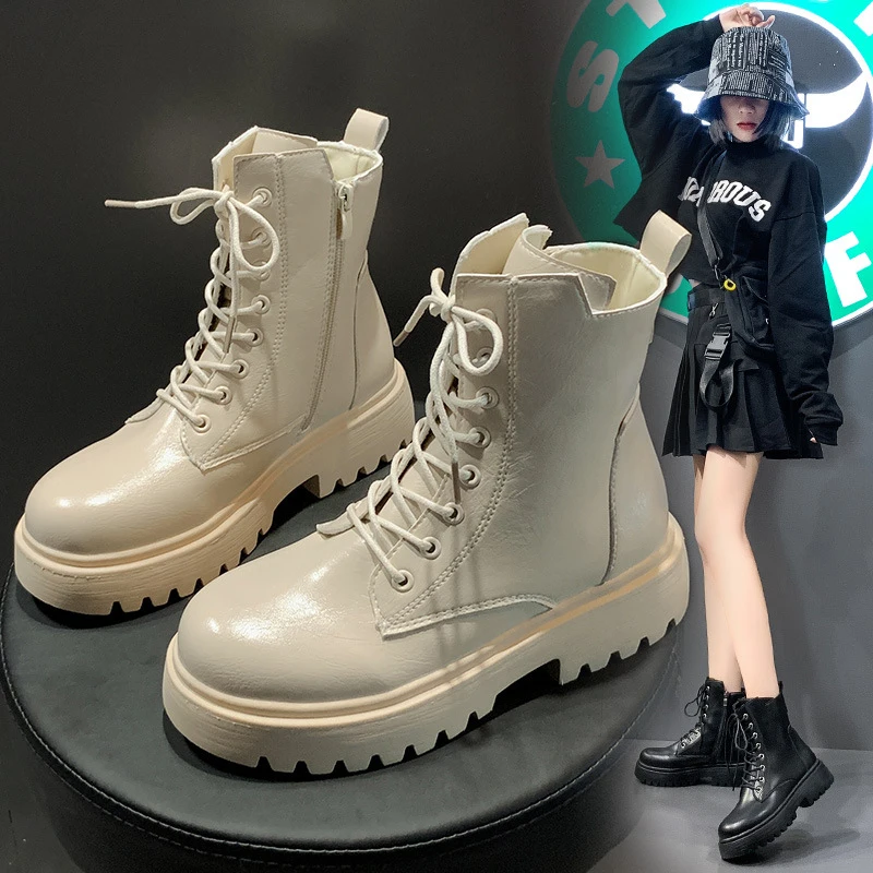 

Женские мотоциклетные ботинки на платформе, черные, бежевые кожаные ботильоны на шнуровке, обувь в стиле панк, на толстой платформе, большой...
