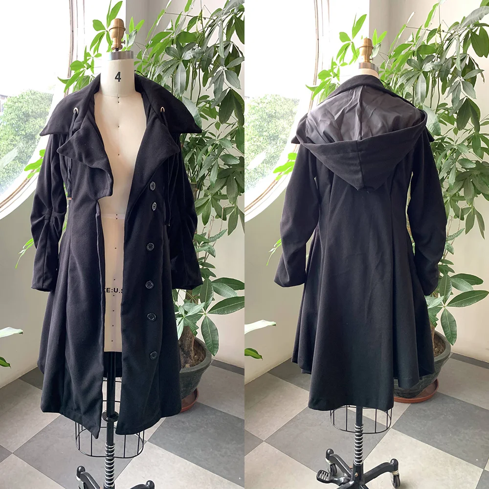 Женское длинное пальто Тренч в стиле ретро черное готическое с воротником