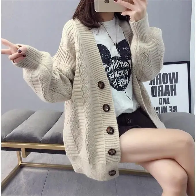 

Woman Sweater Cardigan Autumn Winter Female New V Neck Single Breasted Loose Thicken Sweater Ladies Long Sleeve Knitting Top Q86