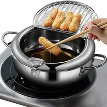 Japanese Deep Frying Pot with a Thermometer and a Lid 304 Stainless Steel Kitchen Tempura Fryer Pan 20 24cm Cooking Tools