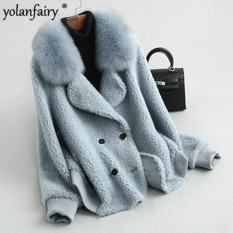 

2020 Real Fur Coat Female Winter Jacket Women Clothes Fox Fur Collar 100% Wool Fur Coats and Jackets Women Korean KQN18107 KJ
