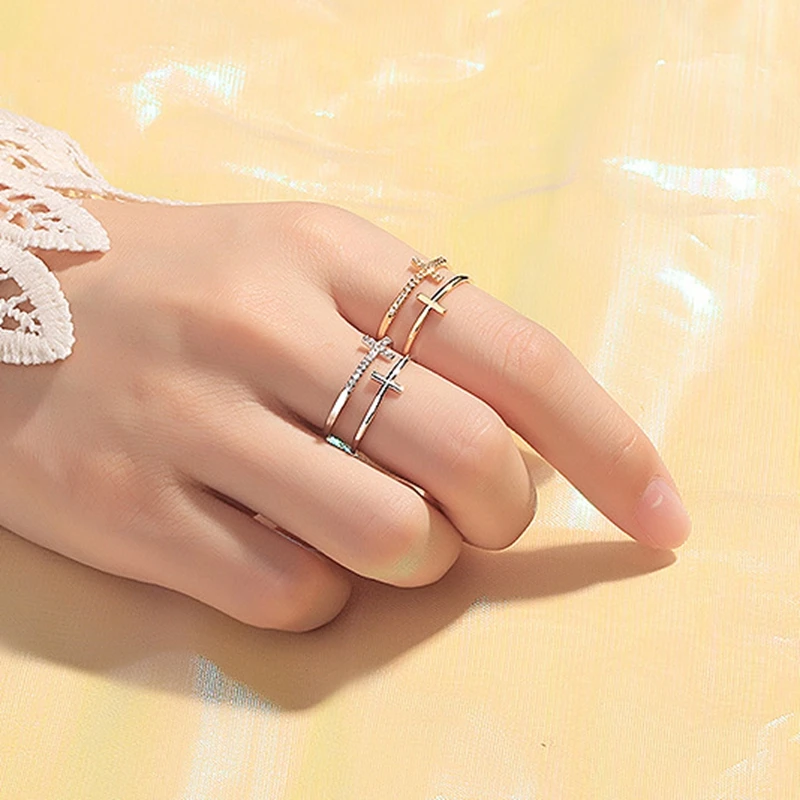

Fashion Trend Adjuestable Size Zircon Cross Finger Ring Silver Plated Charm Luxury Jewelry for Women Gifts