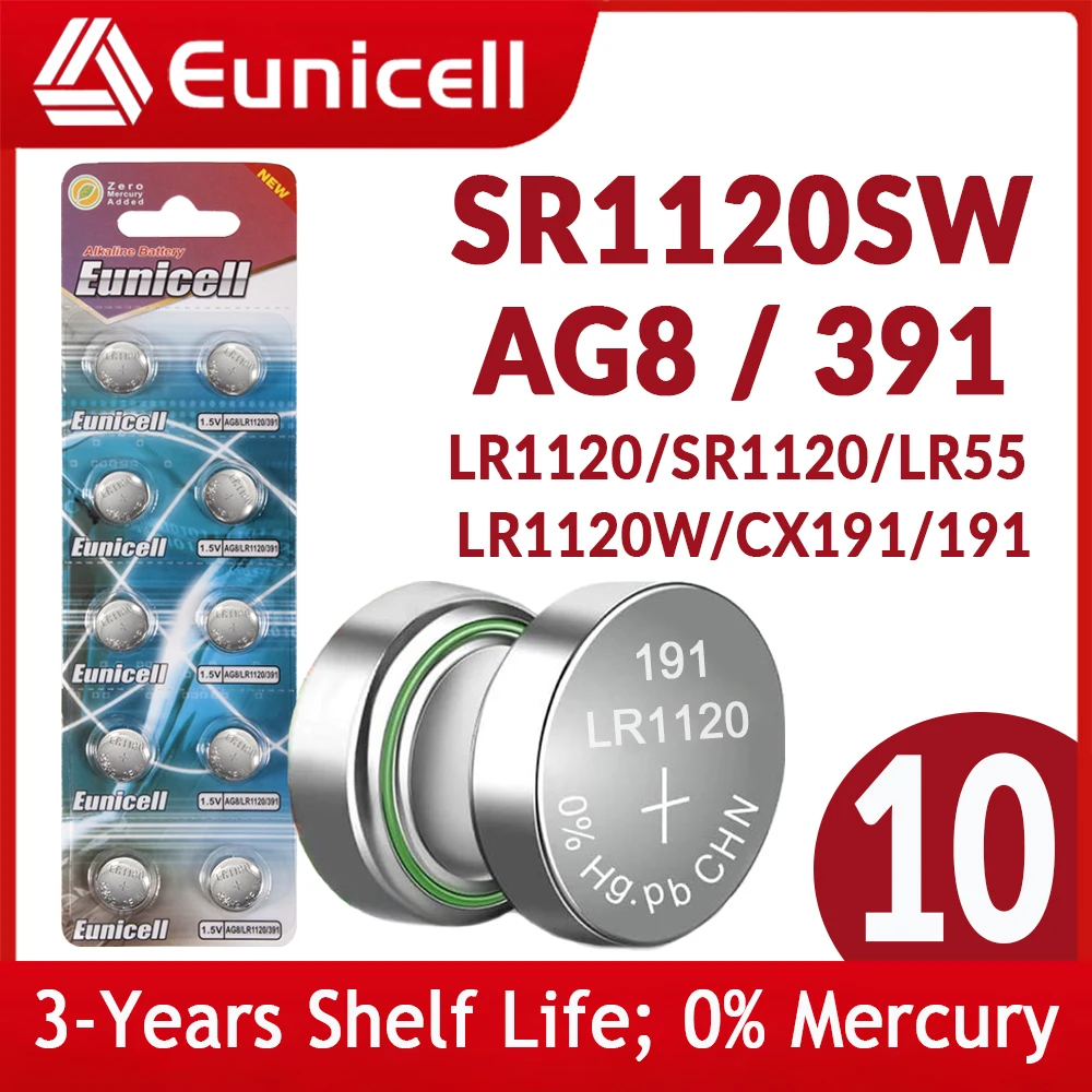

Eunicell NEW 10pcs LR1120 AG8 391 Button Pilas Batteries SR1120SW SR1120 LR1120W LR55 CX191 191 1.5V Alkaline Cell Coin Battery
