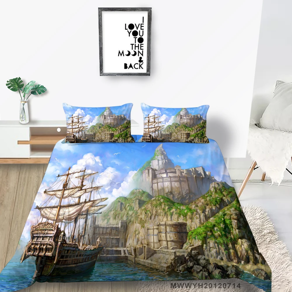 

Мультяшный кораблик, Постельное белье серия масляной живописи художественный пододеяльник Queen один Двойной Твин Полный King комплект постел...