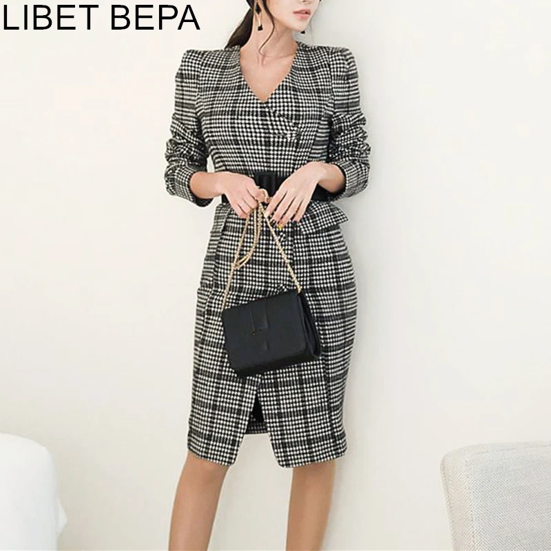 

2021 New Autumn Winter Women Dress Plaid V-Neck Sashes Slit Single-breasted Elegant Package Hip High Waist Overcoat Dress DR9120