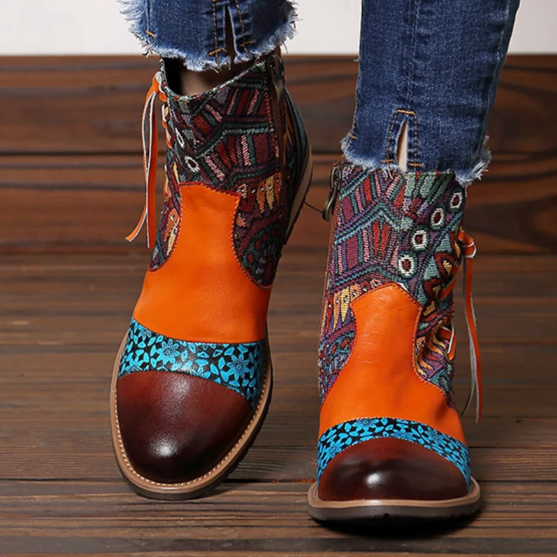 Winter Ethic Retro Women's Boots Multi Totem Print Patchwork Chunky Heel Buckle Lace Up Leisure Vintage Shoes Ladies Female 2020 | Обувь