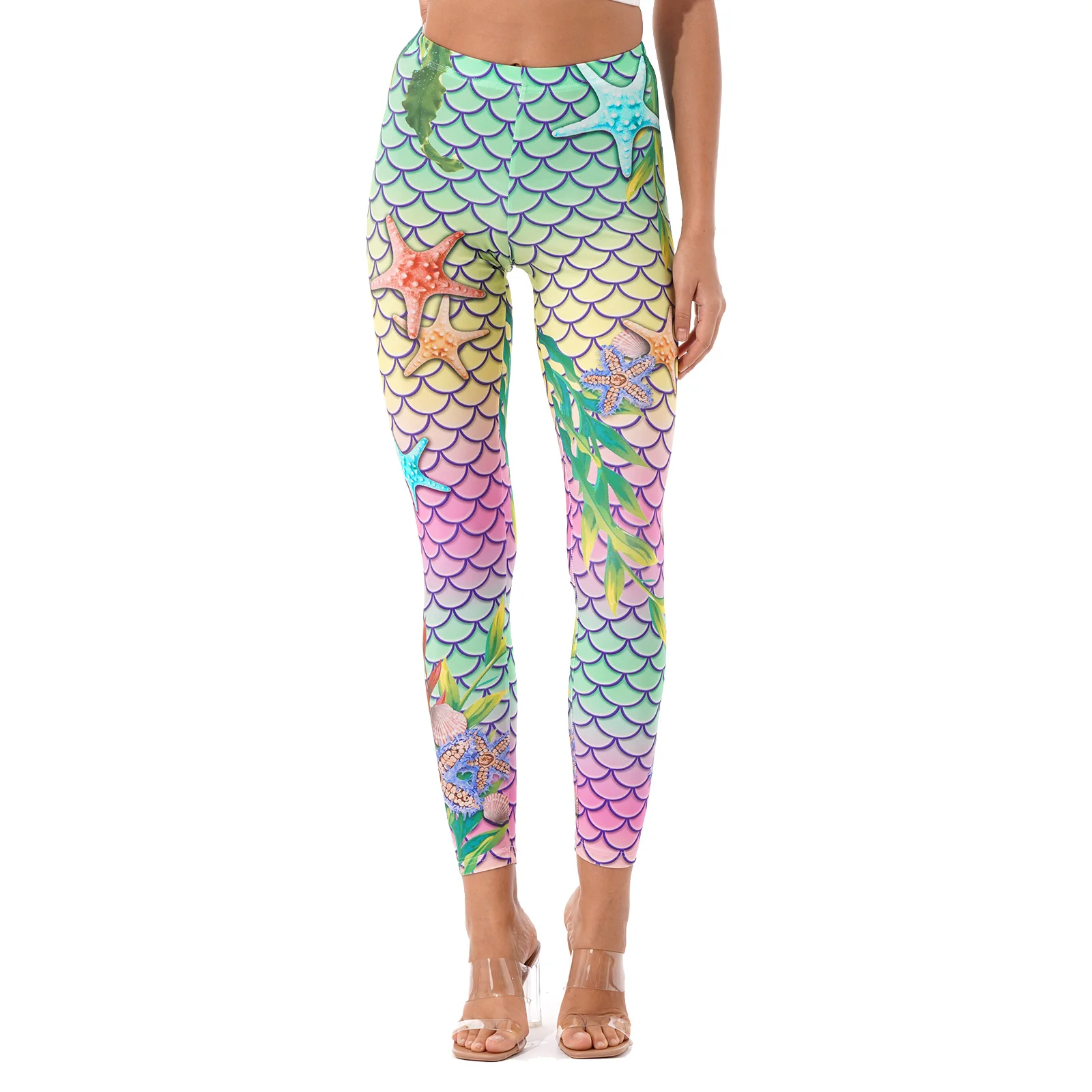 

Women Fashion Mermaid Fish Scale Fin Printing Leggings Mid Waist Elastic Waistband Sport Fitness Yoga Skinny Pants