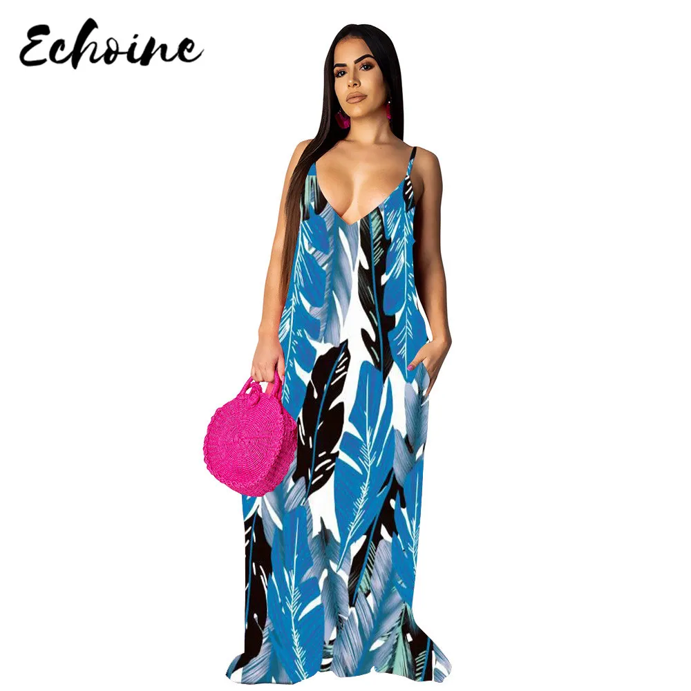 

Echoine Summer Sexy Spaghetti Straps Leaf Print Long Loose Dress Fashion V Neck Elegant Beach Sundress Casual Skirt
