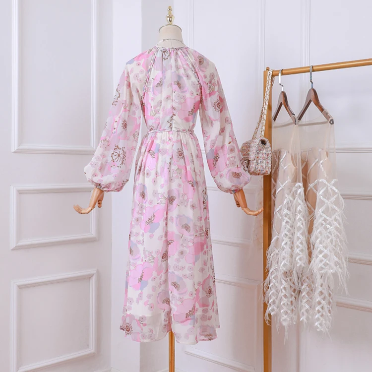 WHITNEY WANG 2020 Spring Fashion Lantern Sleeve Printed Chiffon Dress Women Holiday Beach Lady Party | Женская одежда