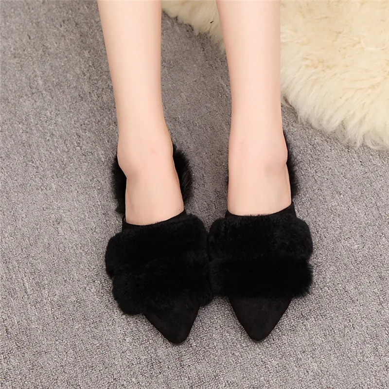 Меховые тапочки на плоской подошве 2019 женские шлепанцы пушистые зимняя теплая