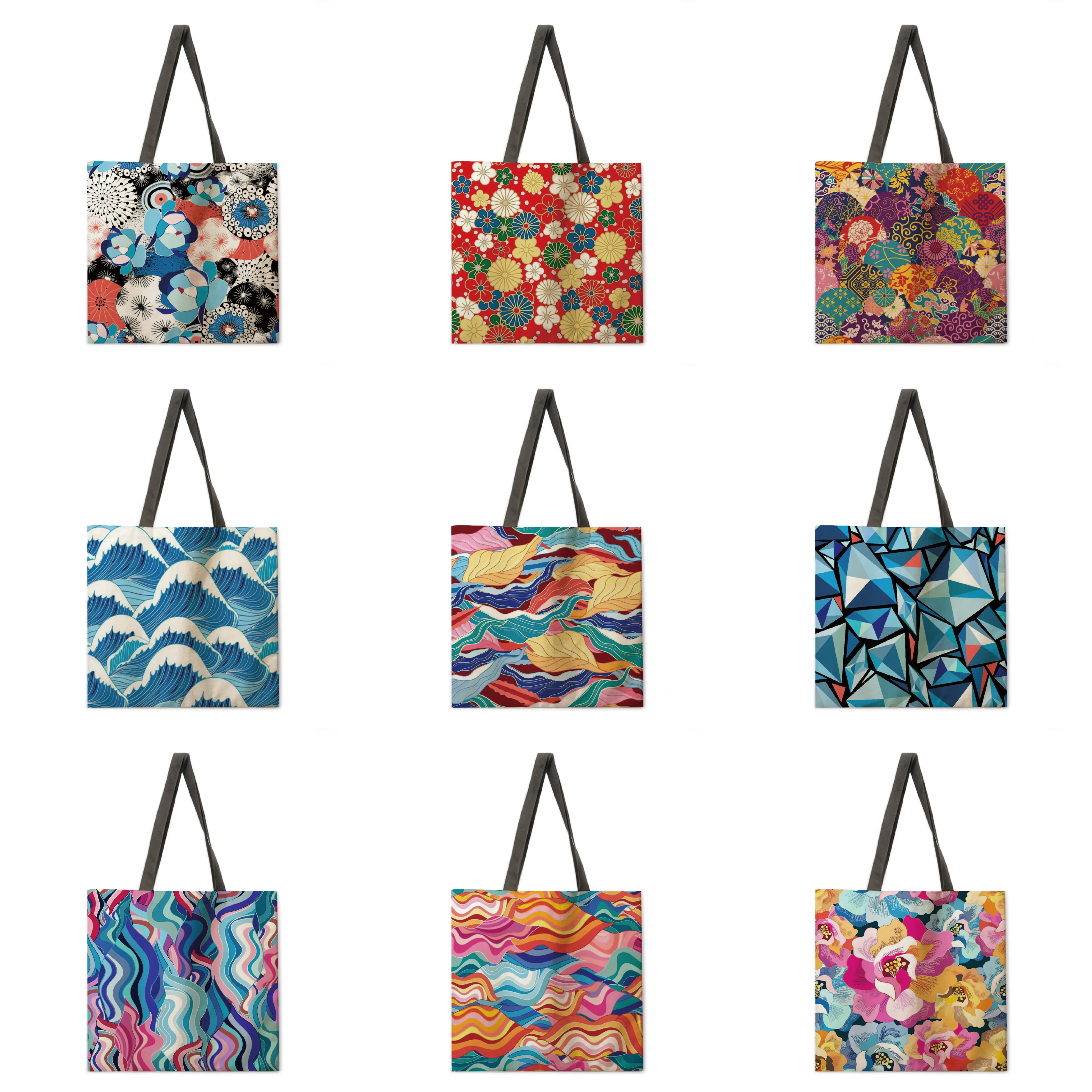 

Japanese decorative painting printing tote bag linen fabric bag casual folding shopping bag outdoor beach bag everyday handbag