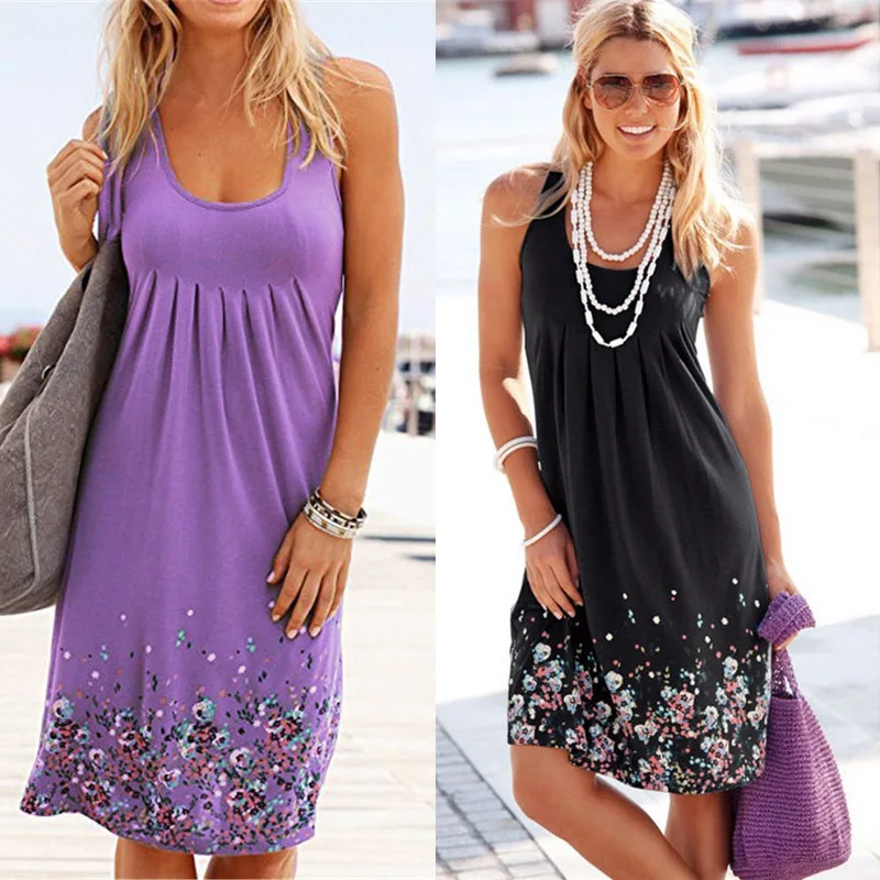

Oufisun 2020 Summer New Sexy Sleeveless Flower Print Women Dress Fashion Simple Pleated Dress Women's Loose Casual Beach Dresses