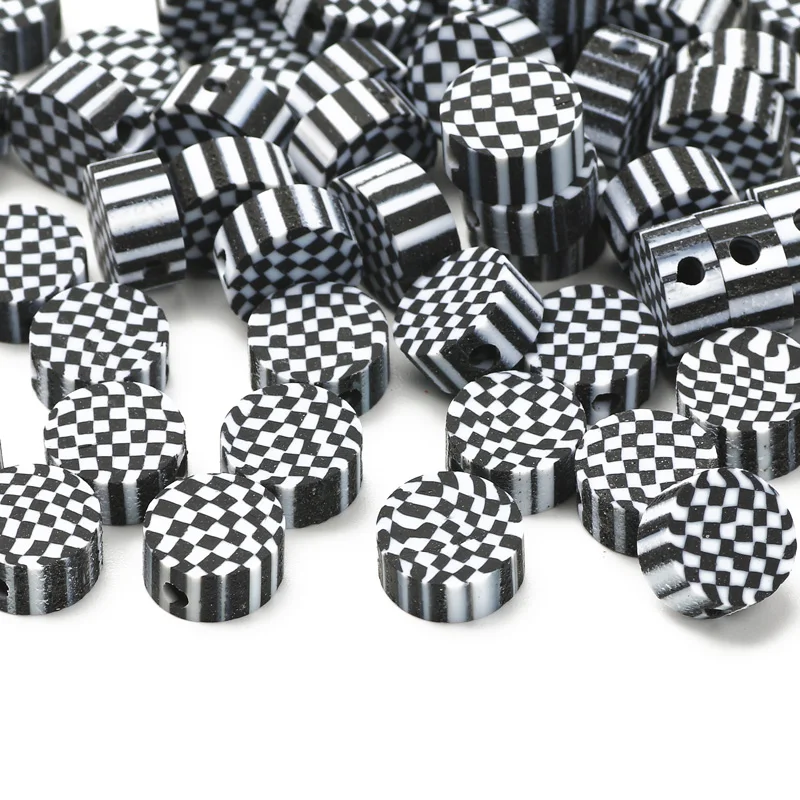 

20/50/100pcs 9mm Black Plaid Beads Polymer Clay Loose Spacer Beads For Jewelry Making Bracelet Necklace DIY Handmade Accessorie