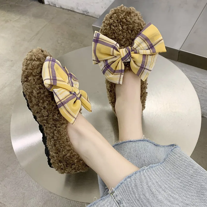 Fashion The New Fur Shoes Winter Casual Slip-On Round Toe Butterfly-knot Plush Keep Warm Comfortable Breathable Flat Plus velvet