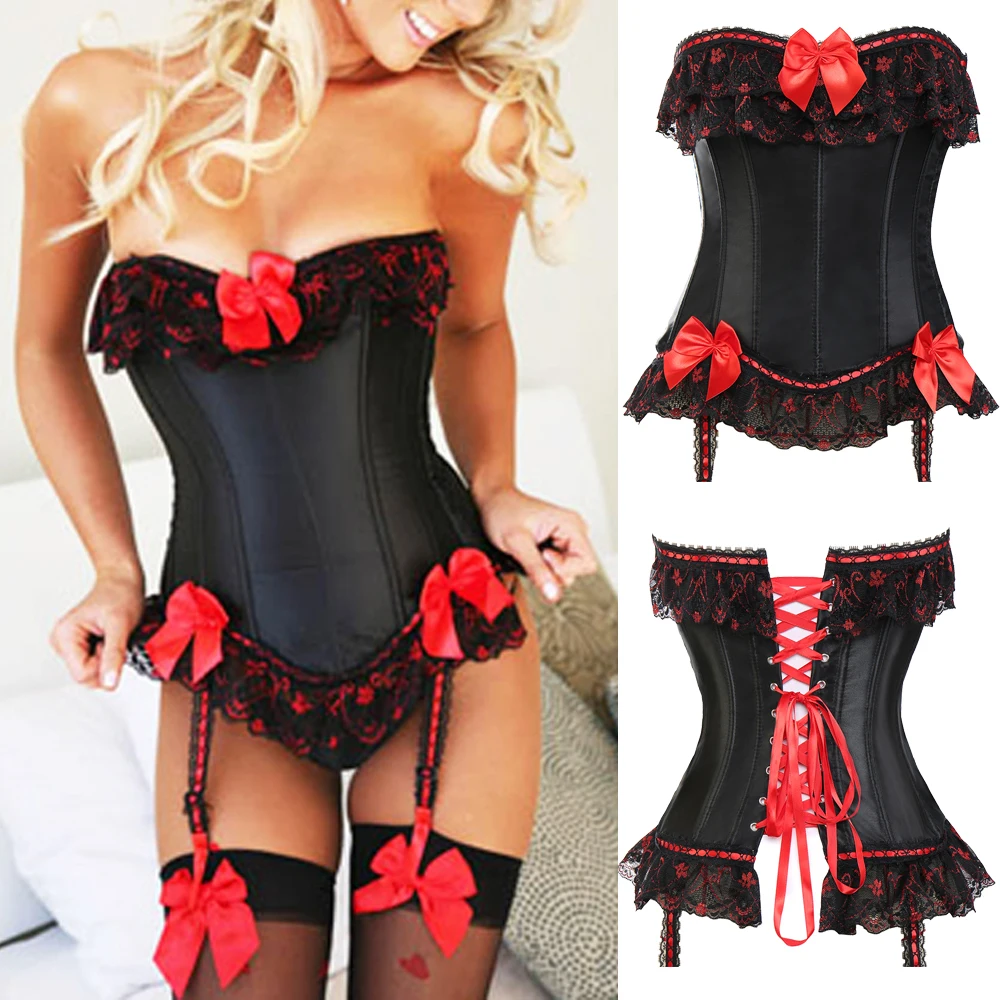 

Sexy Steampunk Overbust Bustier Corset Waist Trainer Brocade Corset Jacquard Overbust Gothic Satin Lace up Suspenders G String