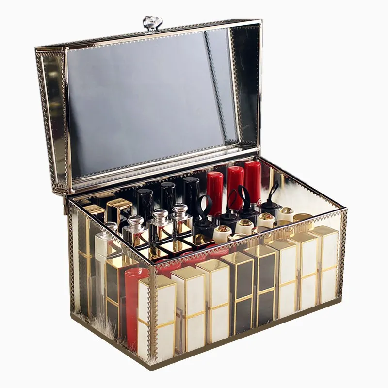 

Retro Makeup Box Lipstick Cosmetic Organizer Metal Storage Box Shelf Home Desktop Decoration Makeup Organizer With Lid ZM226