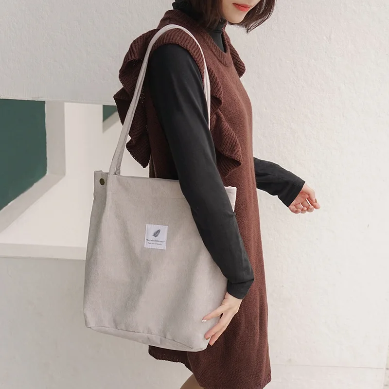 

2021 Women Canvas Tote Bag Corduroy Shopping Female Eco Cloth Handbag Big Women Folding Shoulder Reusable Foldable Shopper Bags
