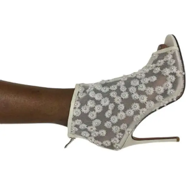 

Summer Girls White Lace Cashmere Pearl Embroidery Peep Toe Ankle Boots Woman Zipper Back Breathable 12 cm Heels Wedding Shoes