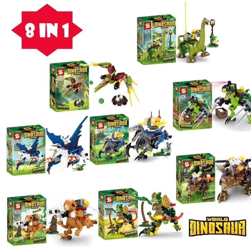 8Pcs/Set Dino Pterodactyl Velociraptor T-Rex Triceratops Building Blocks Jurassic Dinosaurs World 2 Bricks Toys For Children | Игрушки и