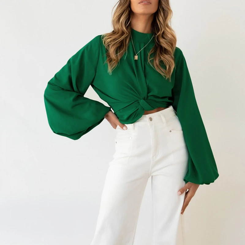 

Newest Arrival Women Female Casual Blouse Solid Color Round Neck Long Sleeve Knotted Crop Tops Outfits Green/Black/Apricot