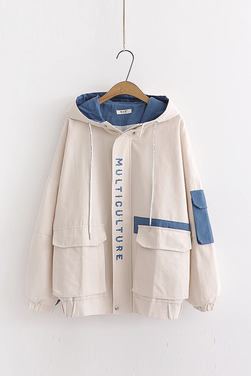 2019 осенний женский основной куртка на молнии с капюшоном и вышивкой контрастный