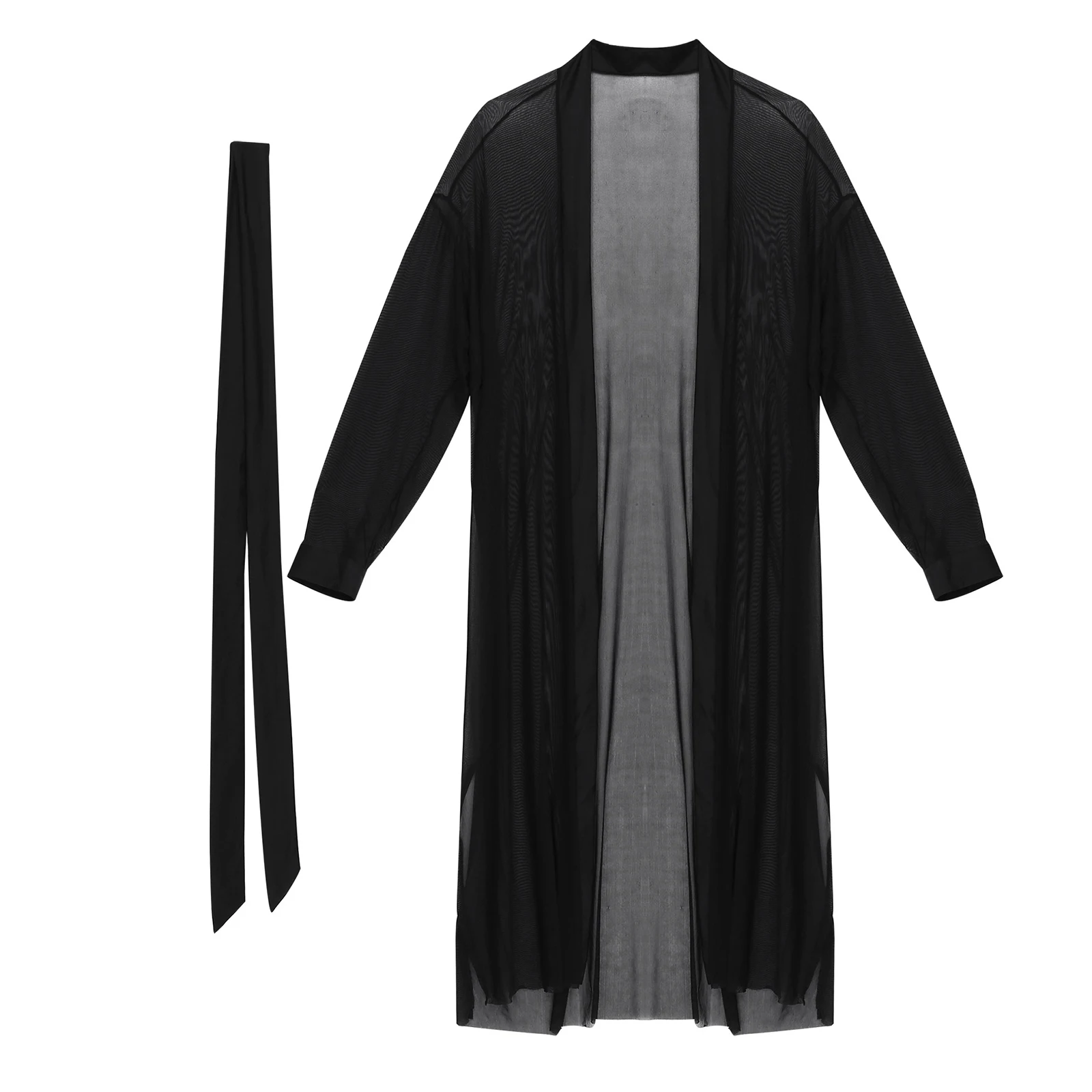 Men Open Front Mesh Transparent Long Shirt Casual Cloak Top with Long Sleeve