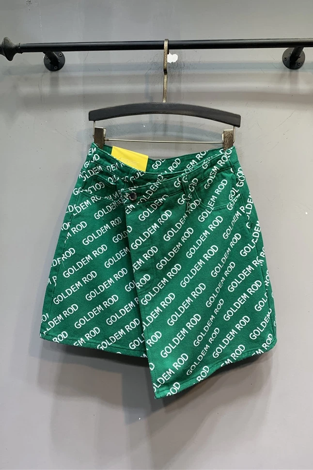 

European Goods 2021 Summer New Green Denim Skirt High Waist Ins Irregular Letter Printing A Word Skirt Woman Skirts