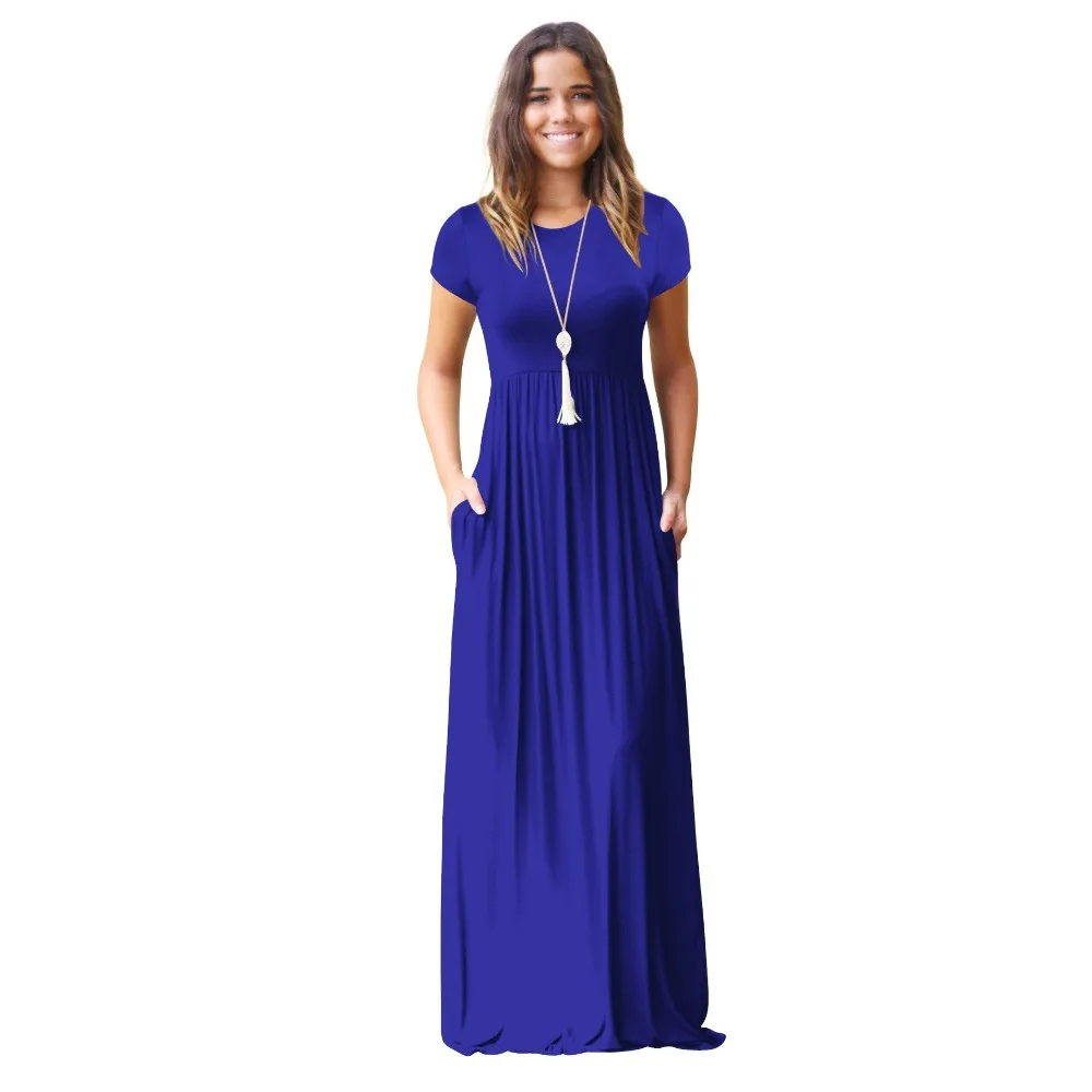 

Summer Dress Women Royal Blue 8 Colors S-2XL Plus Size Long Dresses 2019 New Spring Short Sleeve Pockets Chic Dress Vestidos LR8