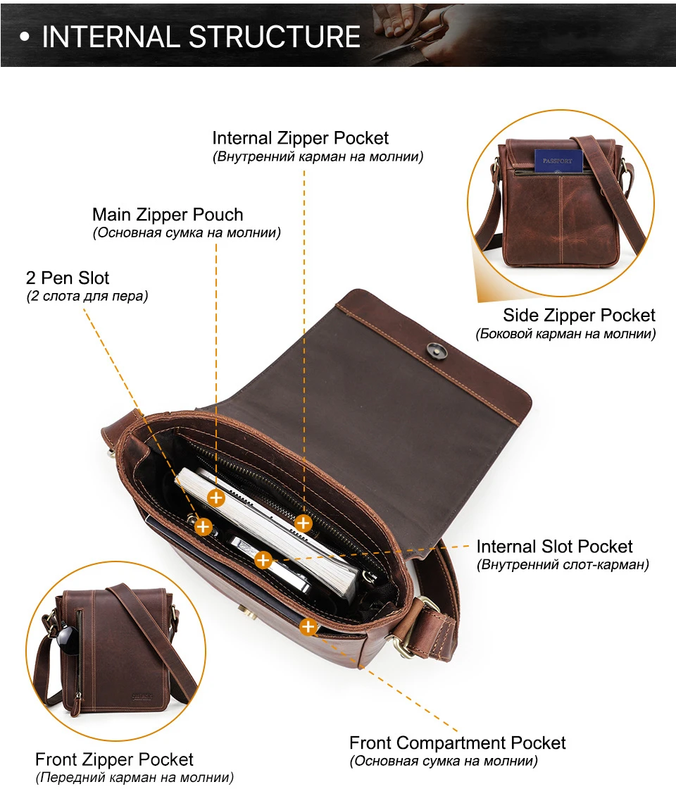 Retro Crazy Horse Leather Men's Shoulder Bag Multifunctional Casual Men's Messenger Bag Large Capacity iPad Computer Bag