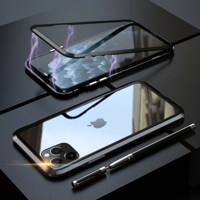 360 металлический чехол для iPhone 6, 7, 8 Plus, X, XR, XS MAX, чехол на магните, роскошный противоударный чехол из закаленного стекла для iPhone 11 Pro Max, чехол - Цвет: Black
