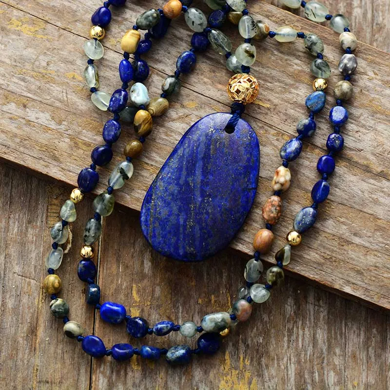 

Bohemian Lariat thread necklace for women, random semiprecious stone lapis necklace with bohemian type pendant, jewelry