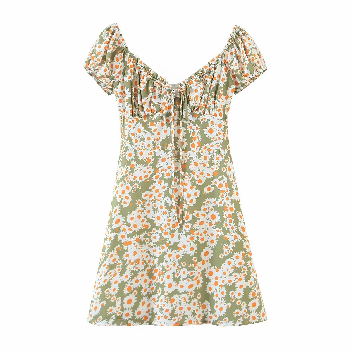 Зеленое повседневное женское платье с цветочным принтом Бандажное Летнее