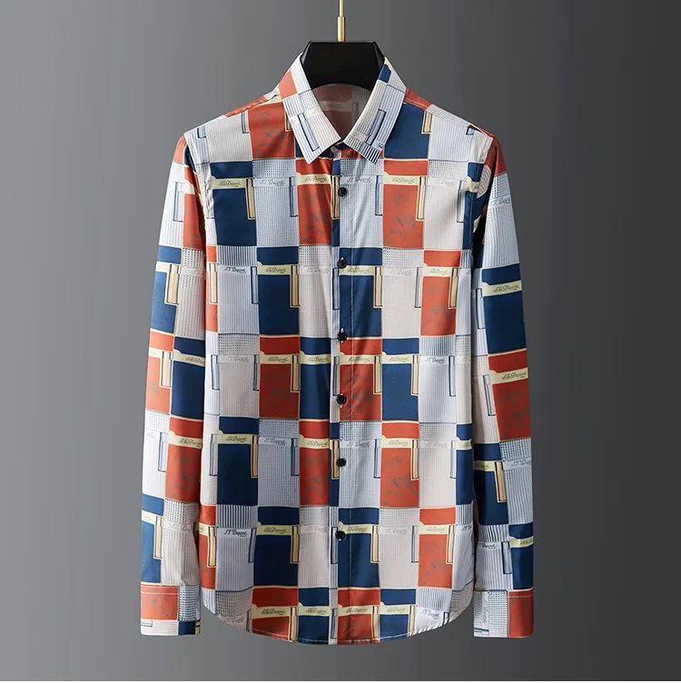 

New Korean clothing non-iron anti-wrinkle men's irregular square digital printing men's long-sleeved harajuku shirt 2021