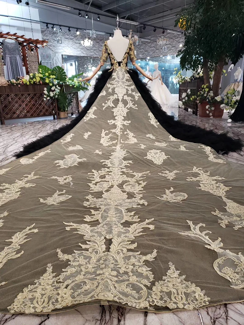 BGW 3222ht Black Evening Dress Long For Women O-neck V-back Golden Lace Cake Style Formal With Detachable Train 2020 | Свадьбы и