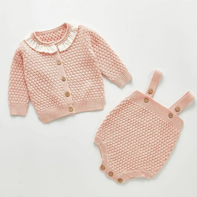 

Однотонные вязаные комплекты одежды для маленьких девочек, кардиган, свитер, пальто и комбинезоны, комплект одежды для новорожденных девоч...