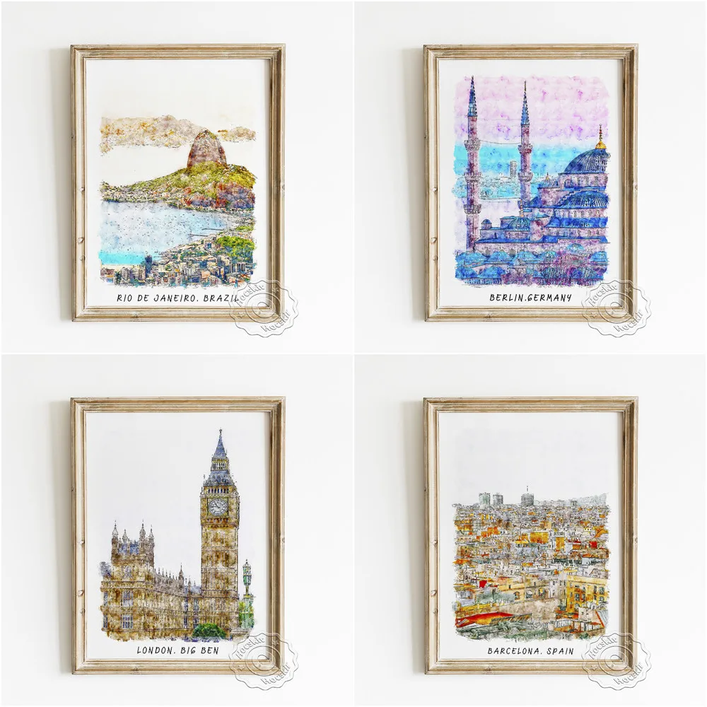 

Travel City Landscape Watercolour Exhibition Poster, Berlin Germany London Barcelona Spain Rio Brazil Modern Gift Home Decor