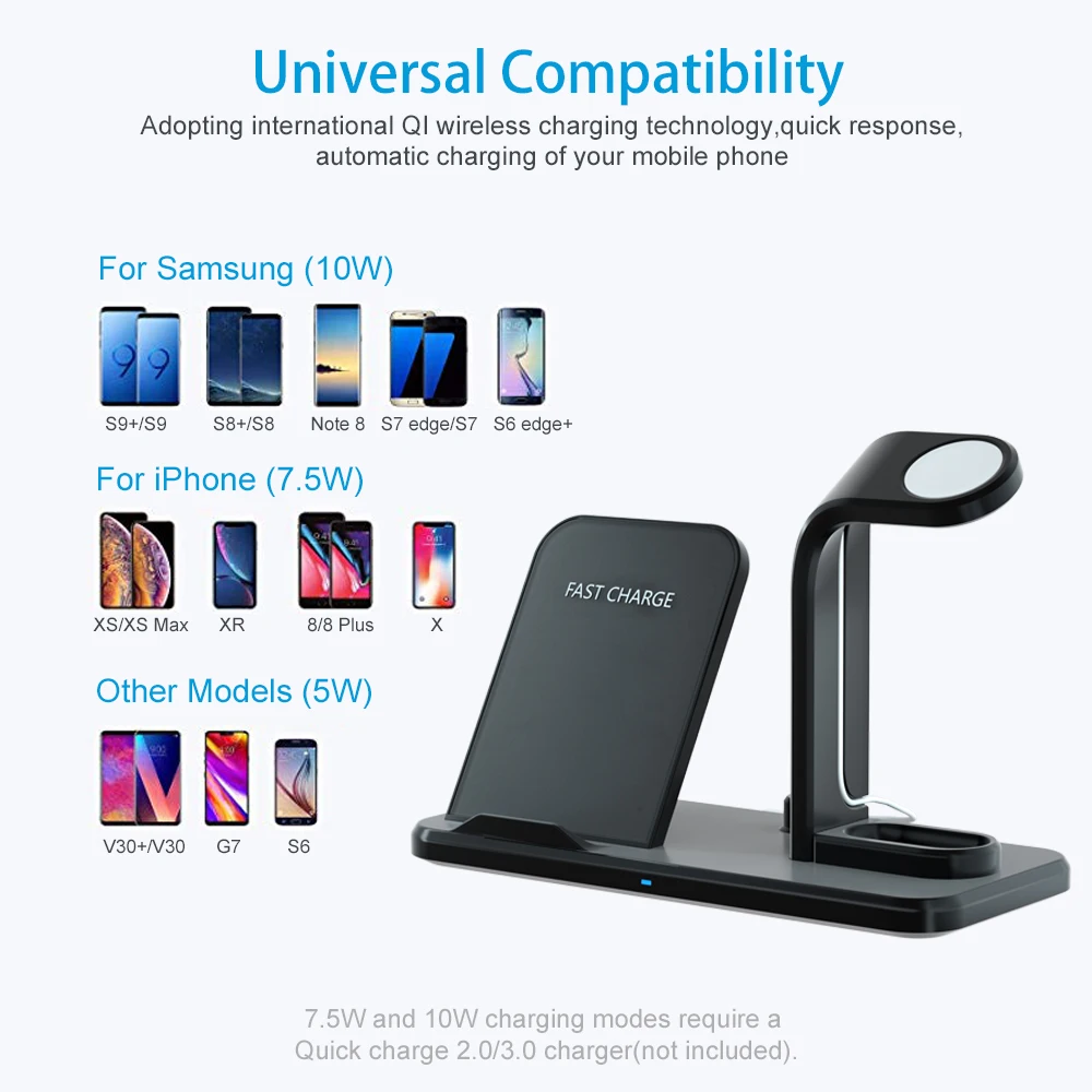 Беспроводное быстрое зарядное устройство Qi 3 в 1 подставка 15 Вт для Iphone X XS Max XR 8 Plus A